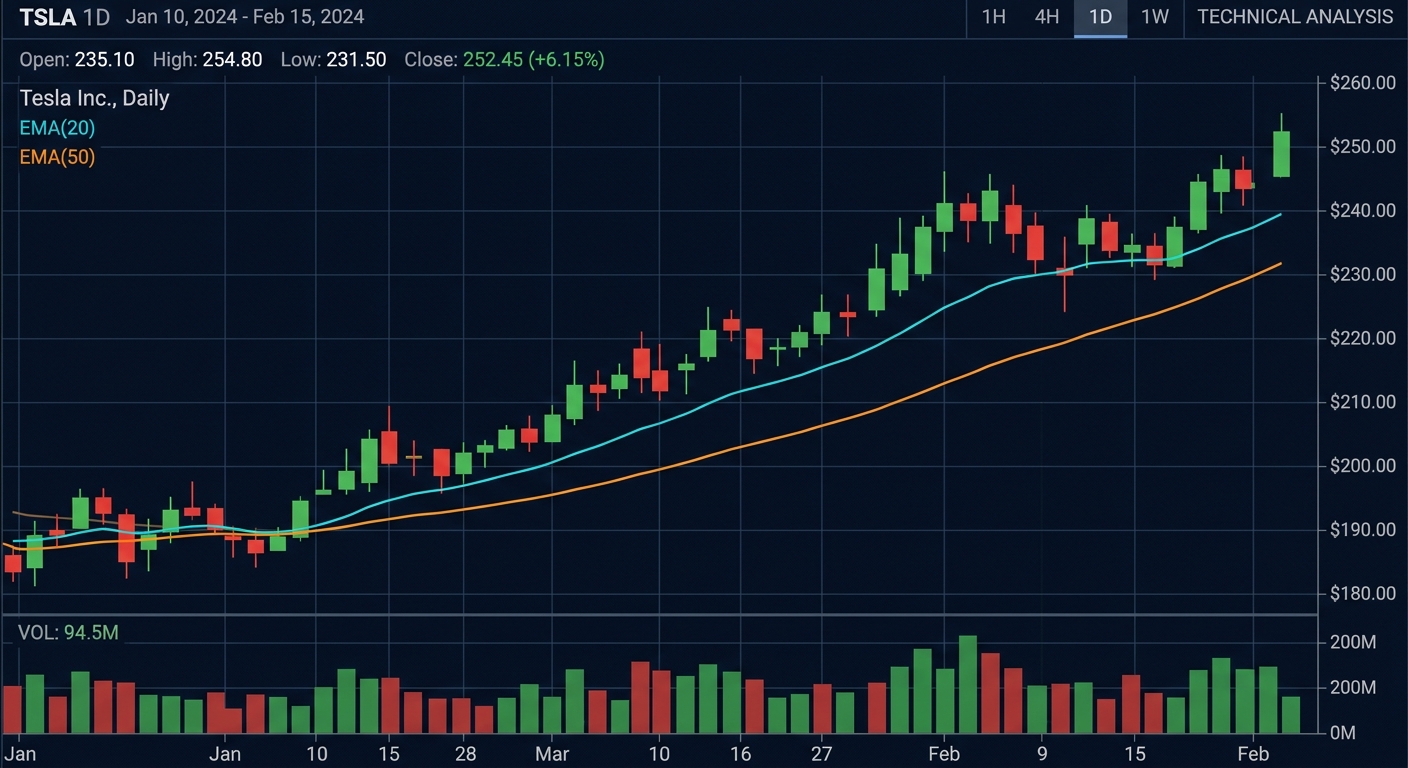 TSLA Candlestick Chart - EMA 20/50 Technical Analysis